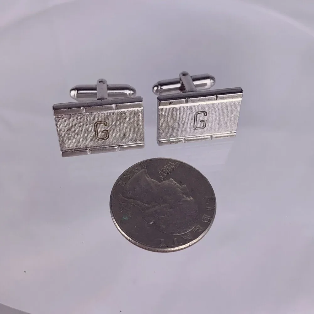 G Initial Monogram Cufflinks Block Letter Silver Tone Textured Anson Vintage K1